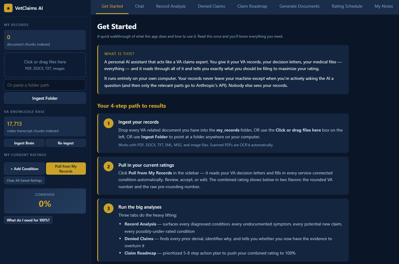 VetClaims AI Get Started tab with seven feature tabs at the top, sidebar showing My Records, the pre-loaded VA Knowledge Base of 17,713 video transcript chunks, and the My Current Ratings panel